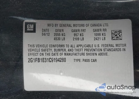 2012 Chevrolet Camaro 1Lt from USA, damaged, VIN 2G1FB1E31C9194280